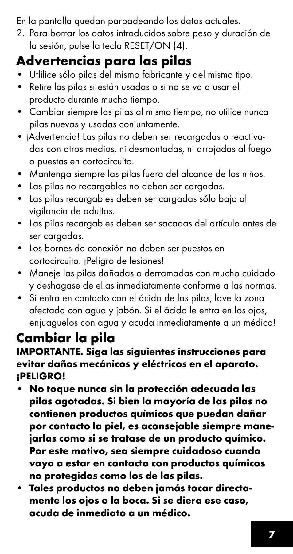 Advertencias para las pilas, Cambiar la pila | Crivit SC-1358 User Manual | Page 7 / 28