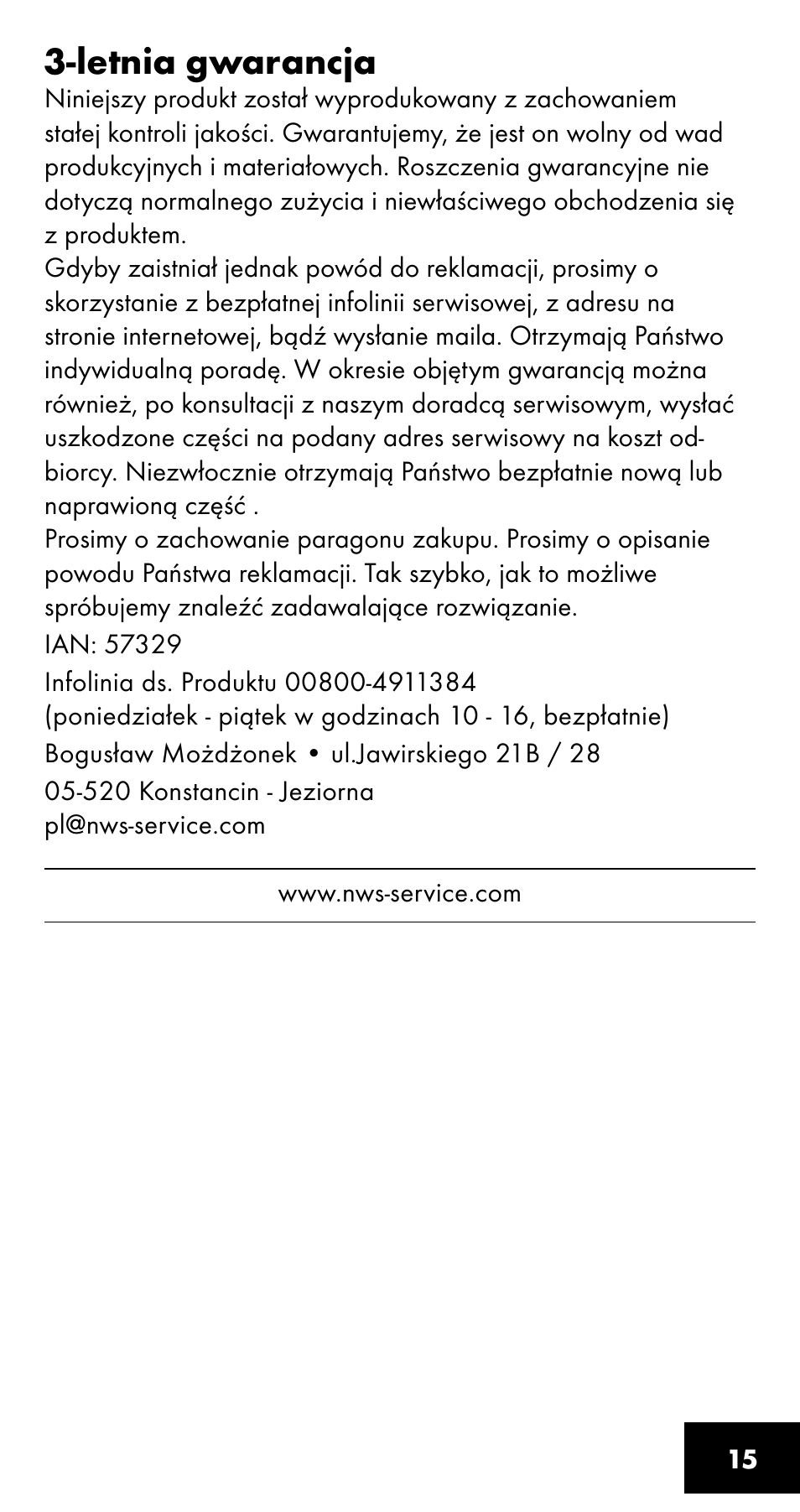 Letnia gwarancja | Crivit SC-1358 User Manual | Page 15 / 40