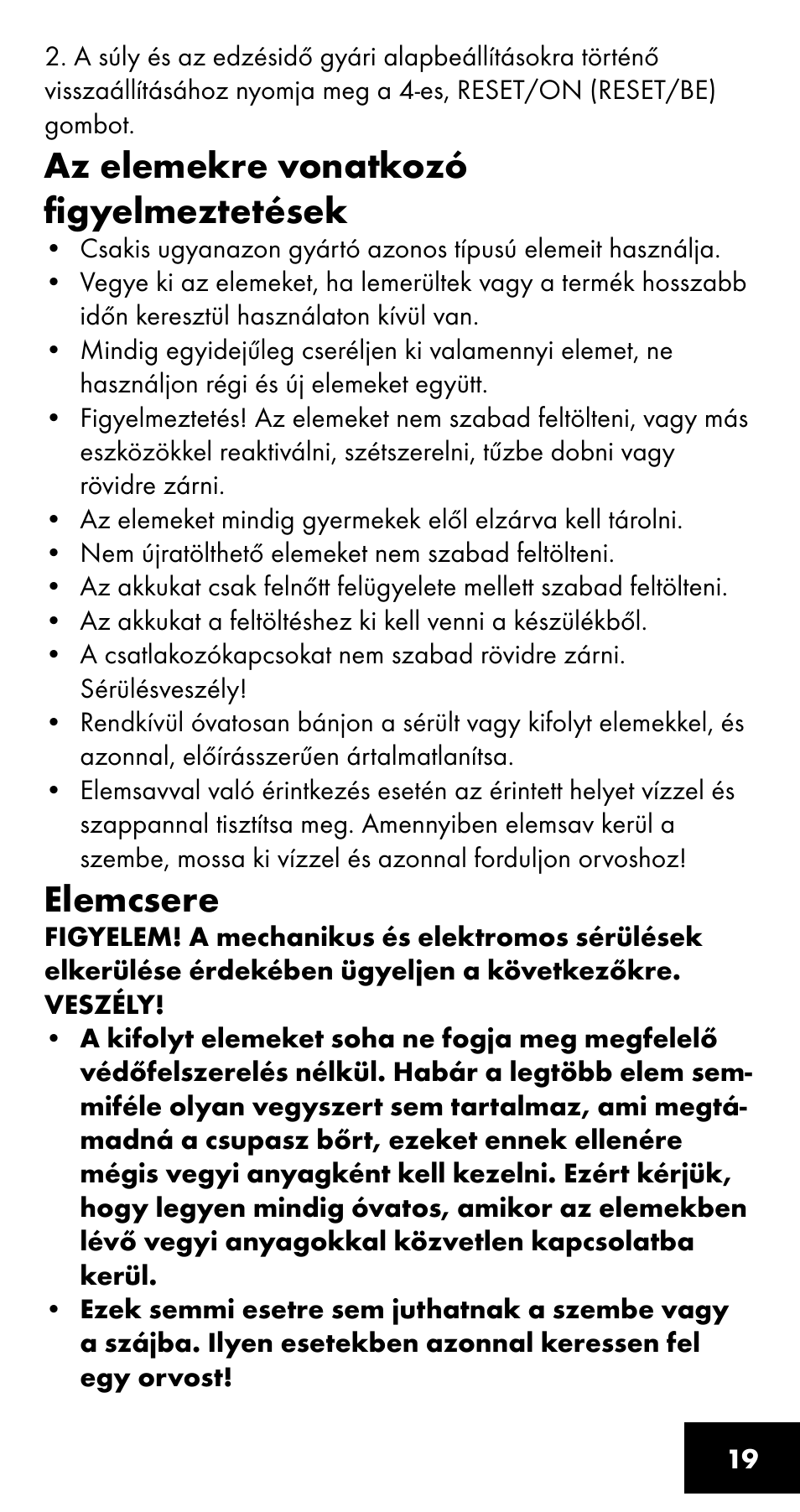 Az elemekre vonatkozó figyelmeztetések, Elemcsere | Crivit SC-1358 User Manual | Page 19 / 40