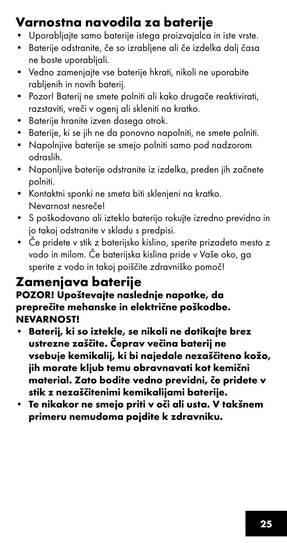 Varnostna navodila za baterije, Zamenjava baterije | Crivit SC-1358 User Manual | Page 25 / 40