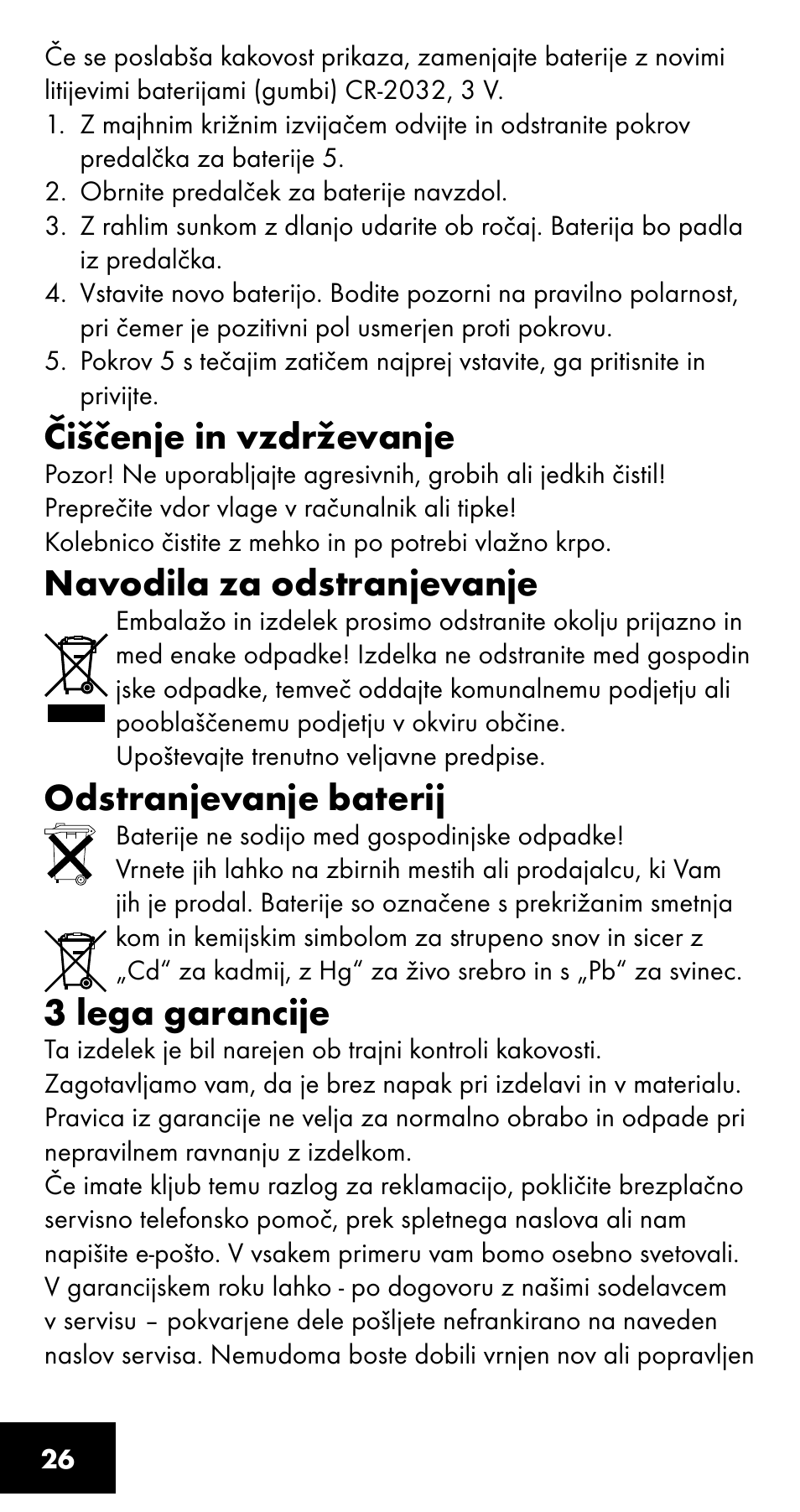 Čiščenje in vzdrževanje, Navodila za odstranjevanje, Odstranjevanje baterij | 3 lega garancije | Crivit SC-1358 User Manual | Page 26 / 40