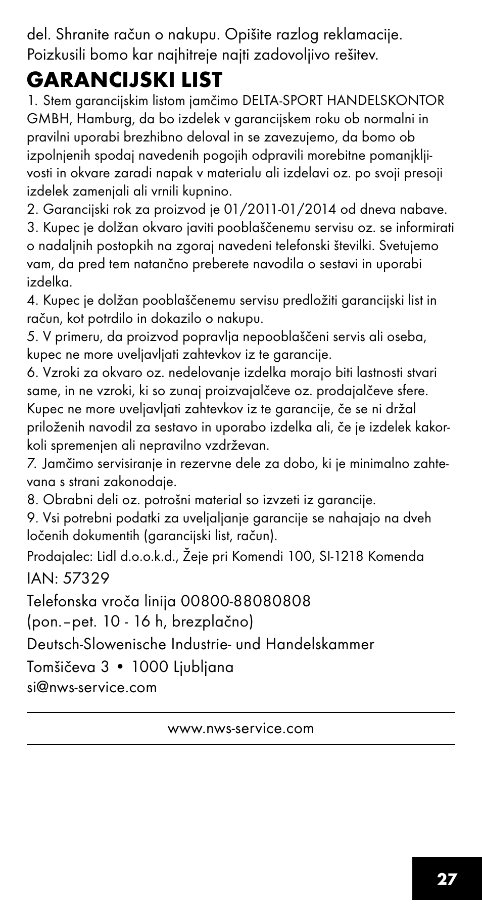 Garancijski list | Crivit SC-1358 User Manual | Page 27 / 40