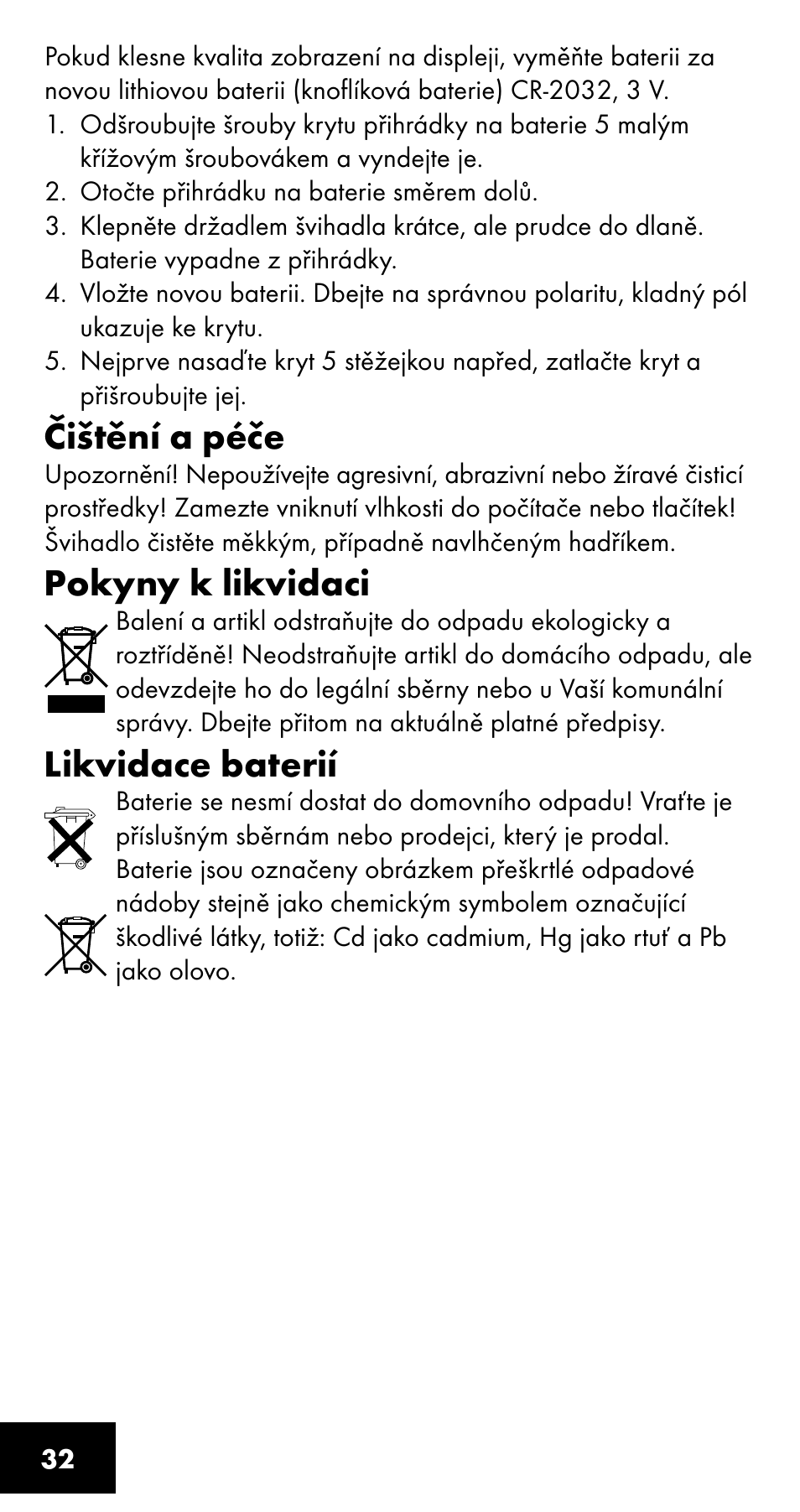 Čištění a péče, Pokyny k likvidaci, Likvidace baterií | Crivit SC-1358 User Manual | Page 32 / 40