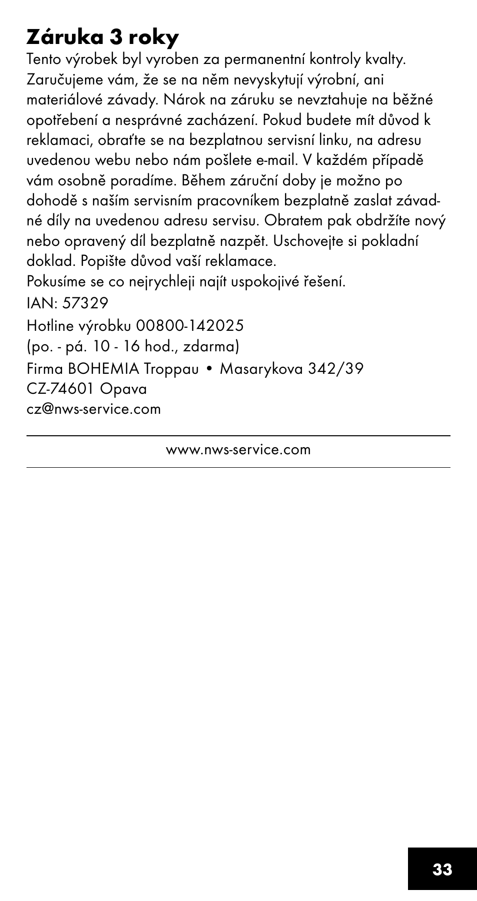 Záruka 3 roky | Crivit SC-1358 User Manual | Page 33 / 40