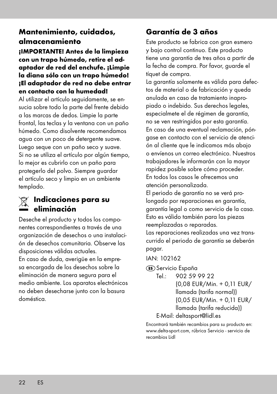 Garantía de 3 años, Mantenimiento, cuidados, almacenamiento, Indicaciones para su eliminación | Crivit DS-1532 User Manual | Page 20 / 82