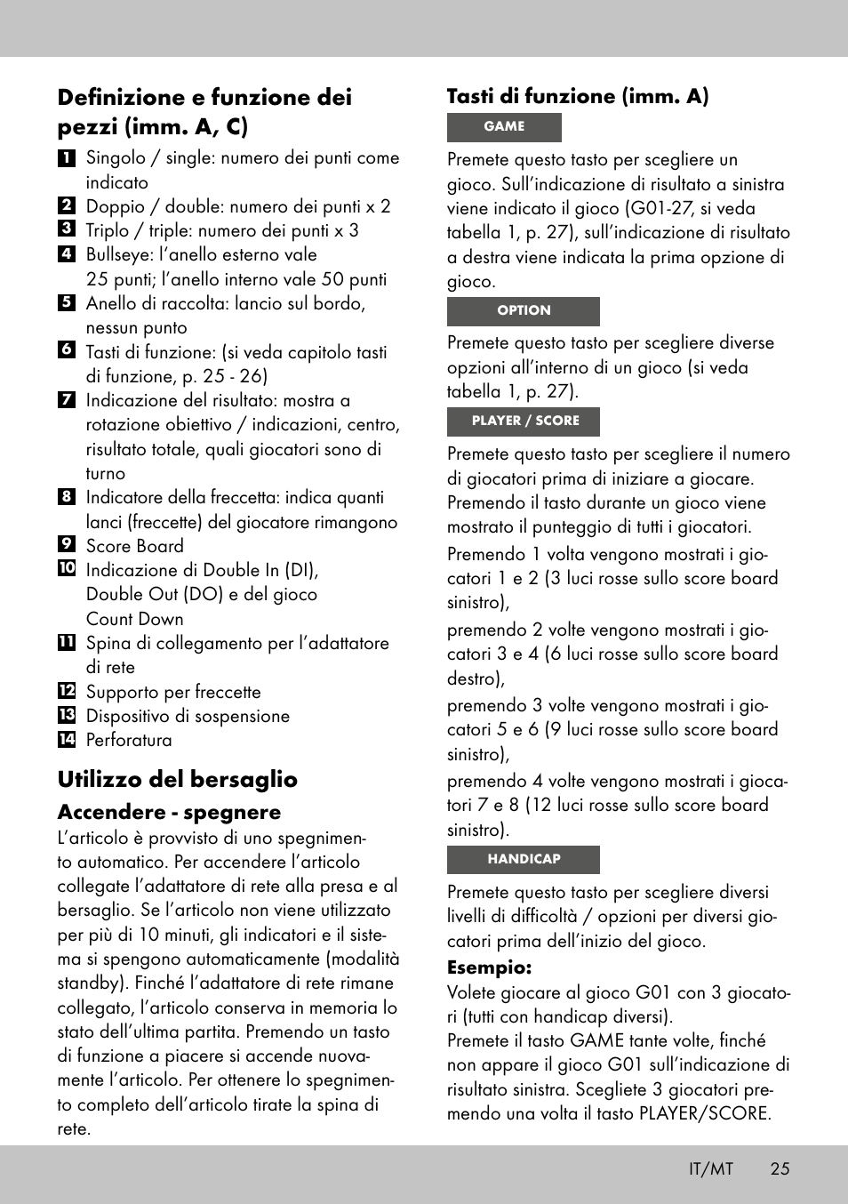 Definizione e funzione dei pezzi (imm. a, c), Utilizzo del bersaglio, Tasti di funzione (imm. a) | Accendere - spegnere | Crivit DS-1532 User Manual | Page 23 / 82