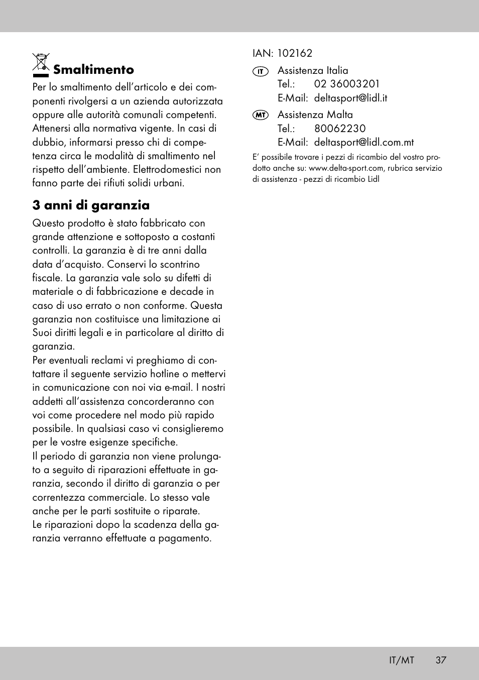 Smaltimento, 3 anni di garanzia | Crivit DS-1532 User Manual | Page 35 / 82