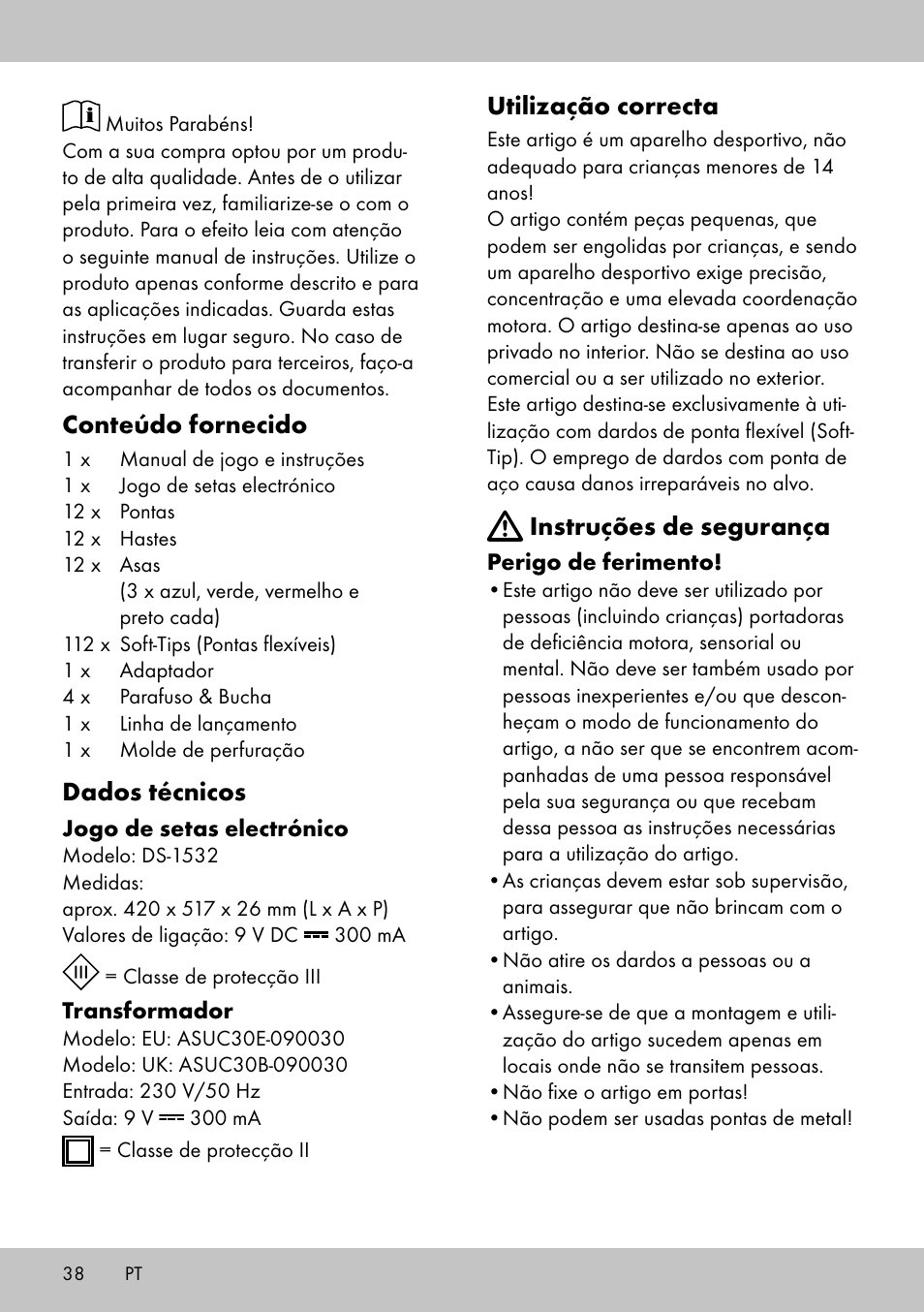 Conteúdo fornecido, Dados técnicos, Utilização correcta | Instruções de segurança | Crivit DS-1532 User Manual | Page 36 / 82