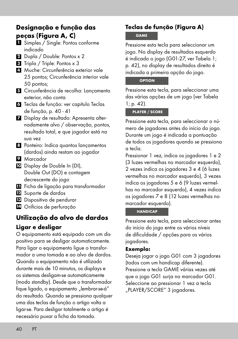 Designação e função das peças (figura a, c), Utilização do alvo de dardos, Teclas de função (figura a) | Ligar e desligar | Crivit DS-1532 User Manual | Page 38 / 82