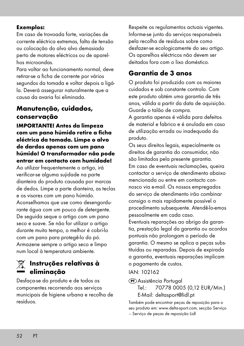 Garantia de 3 anos, Manutenção, cuidados, conservação, Instruções relativas à eliminação | Crivit DS-1532 User Manual | Page 50 / 82