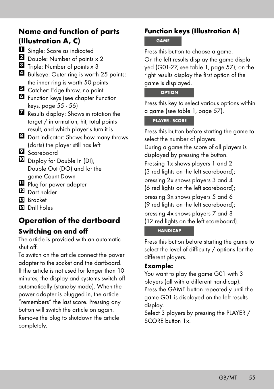 Name and function of parts (illustration a, c), Operation of the dartboard, Function keys (illustration a) | Switching on and off | Crivit DS-1532 User Manual | Page 53 / 82