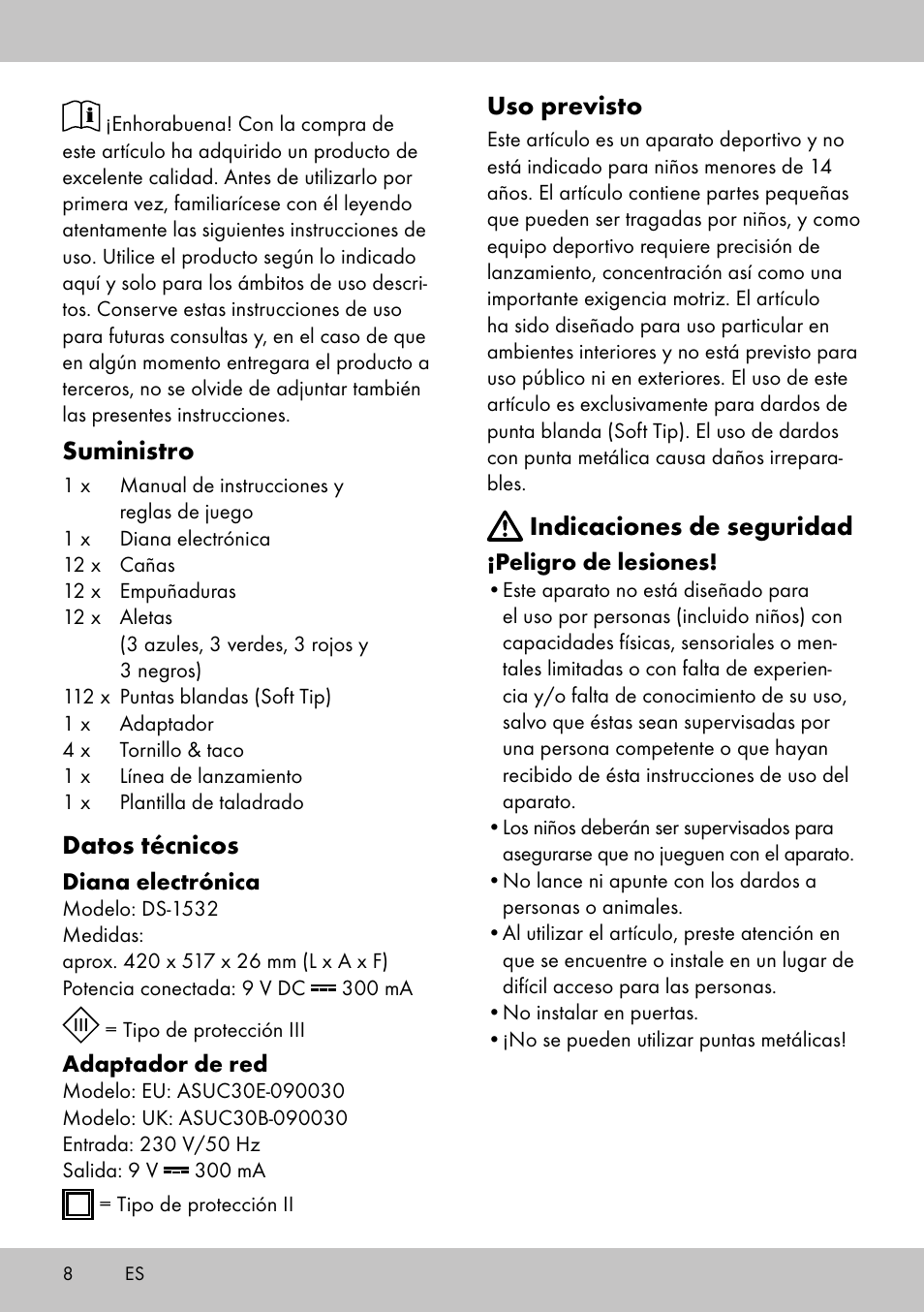 Suministro, Datos técnicos, Uso previsto | Indicaciones de seguridad | Crivit DS-1532 User Manual | Page 6 / 82