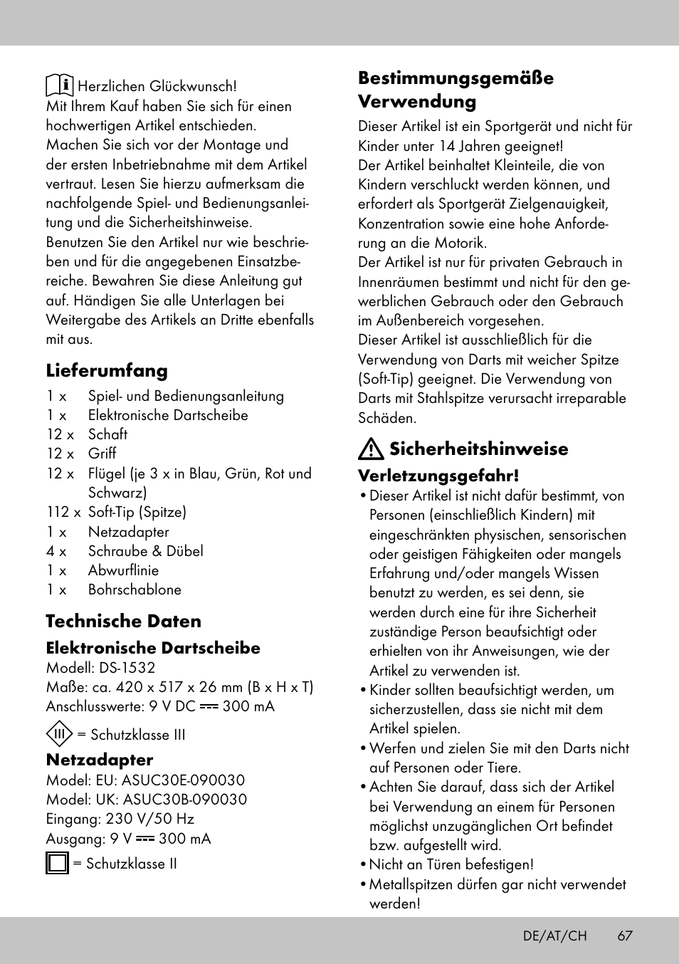 Lieferumfang, Technische daten, Bestimmungsgemäße verwendung | Sicherheitshinweise | Crivit DS-1532 User Manual | Page 65 / 82