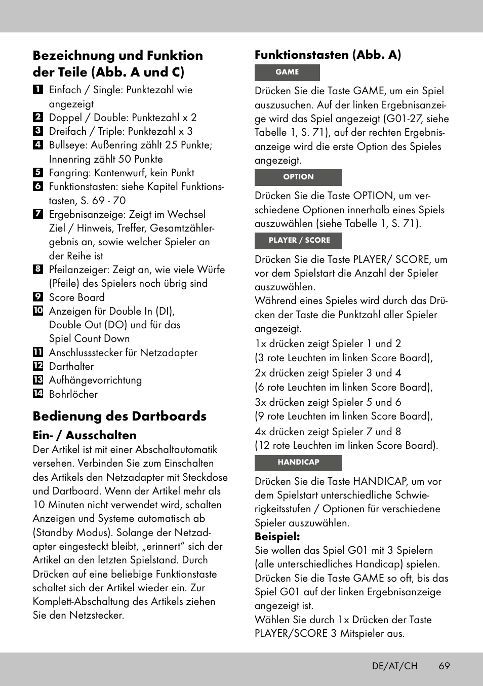 Bezeichnung und funktion der teile (abb. a und c), Bedienung des dartboards, Funktionstasten (abb. a) | Ein- / ausschalten | Crivit DS-1532 User Manual | Page 67 / 82