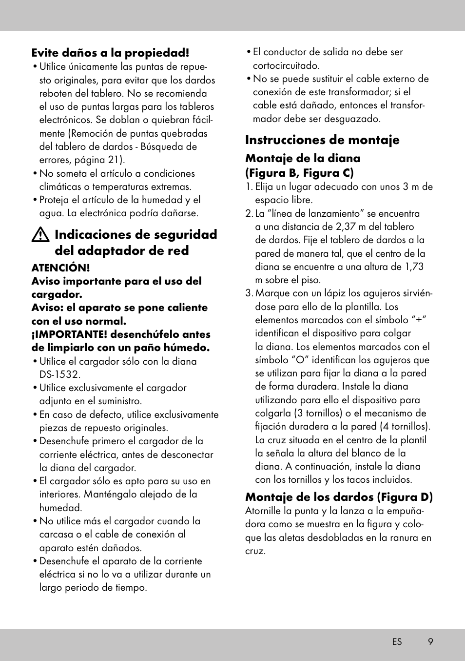 Instrucciones de montaje, Indicaciones de seguridad del adaptador de red | Crivit DS-1532 User Manual | Page 7 / 82