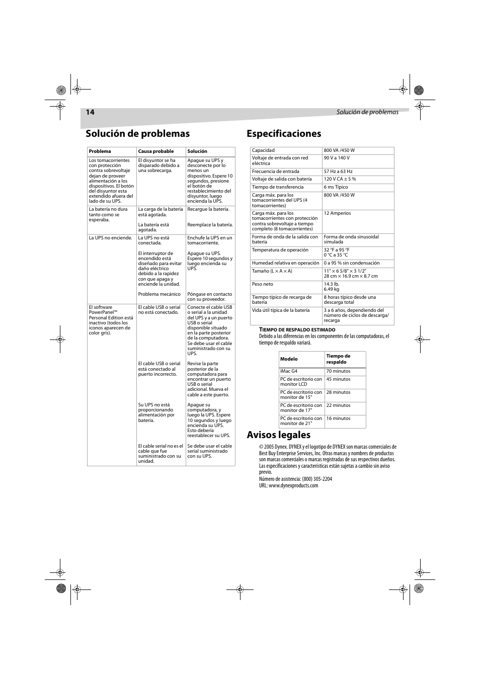 Solución de problemas especificaciones, Avisos legales | Dynex DX-800U User Manual | Page 14 / 15