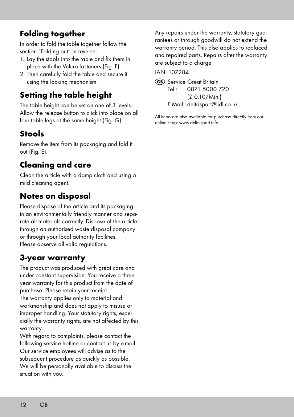 Folding together, Setting the table height, Stools | Cleaning and care, Year warranty | Crivit KS-1845 User Manual | Page 10 / 10