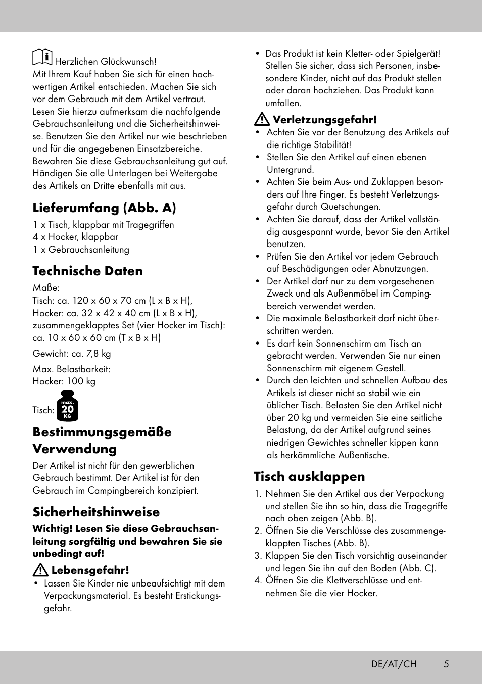 Lieferumfang (abb. a), Technische daten, Bestimmungsgemäße verwendung | Sicherheitshinweise, Tisch ausklappen | Crivit KS-1845 User Manual | Page 3 / 10