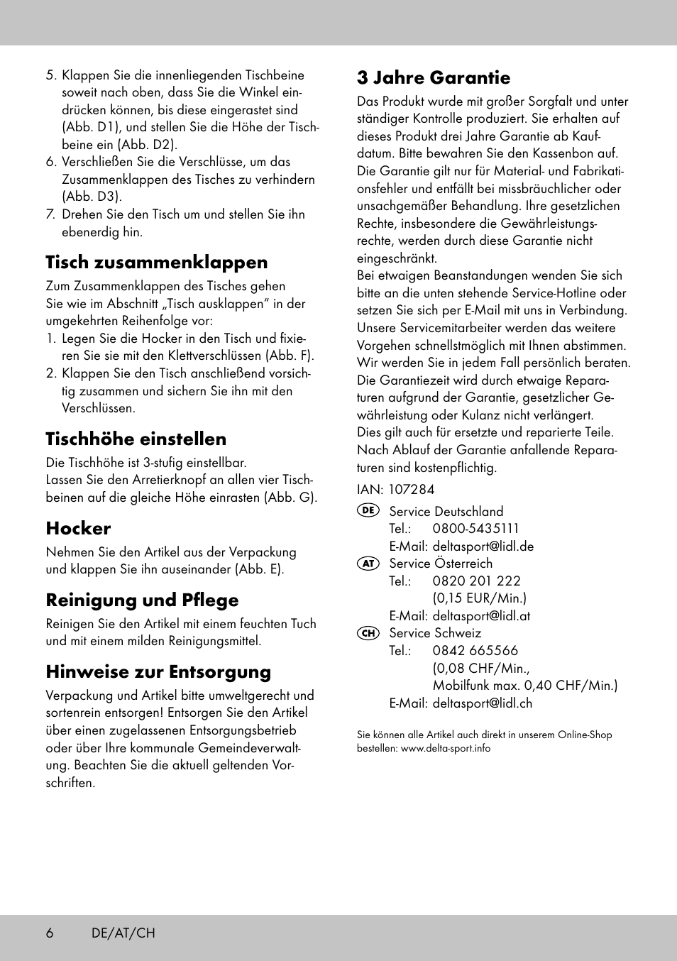 Tisch zusammenklappen, Tischhöhe einstellen, Hocker | Reinigung und pflege, Hinweise zur entsorgung, 3 jahre garantie | Crivit KS-1845 User Manual | Page 4 / 10