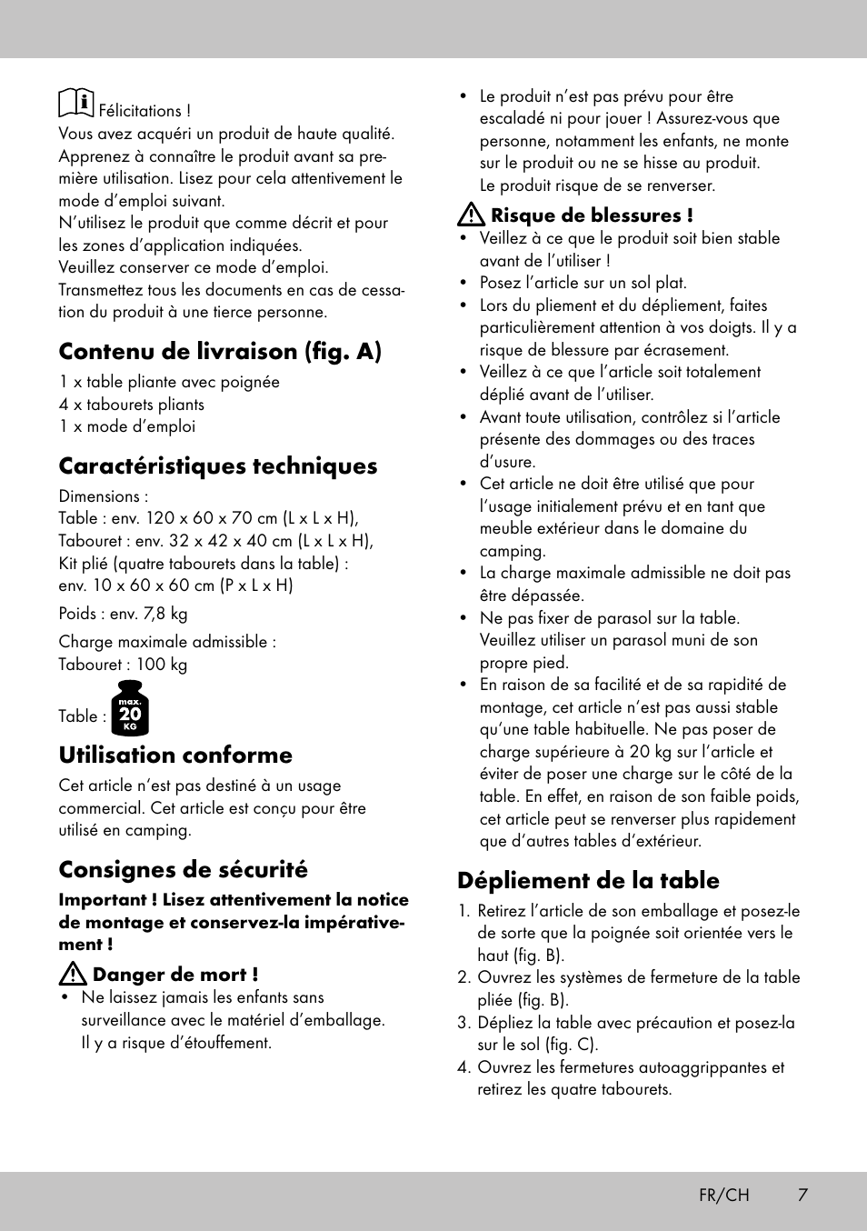 Contenu de livraison (fig. a), Caractéristiques techniques, Utilisation conforme | Consignes de sécurité, Dépliement de la table | Crivit KS-1845 User Manual | Page 5 / 10