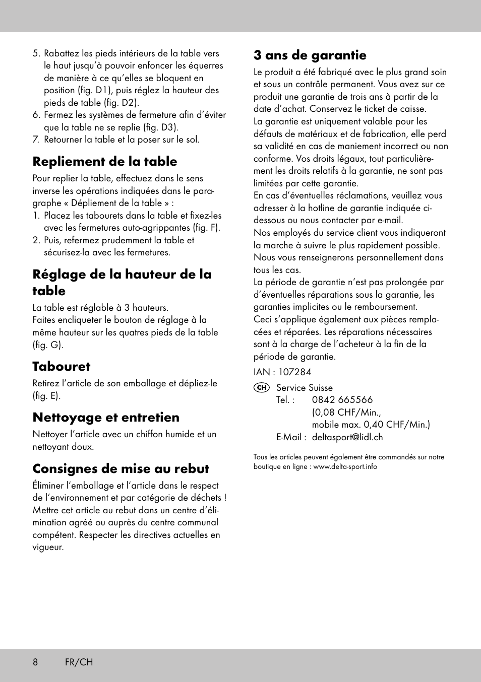 Repliement de la table, Réglage de la hauteur de la table, Tabouret | Nettoyage et entretien, Consignes de mise au rebut, 3 ans de garantie | Crivit KS-1845 User Manual | Page 6 / 10