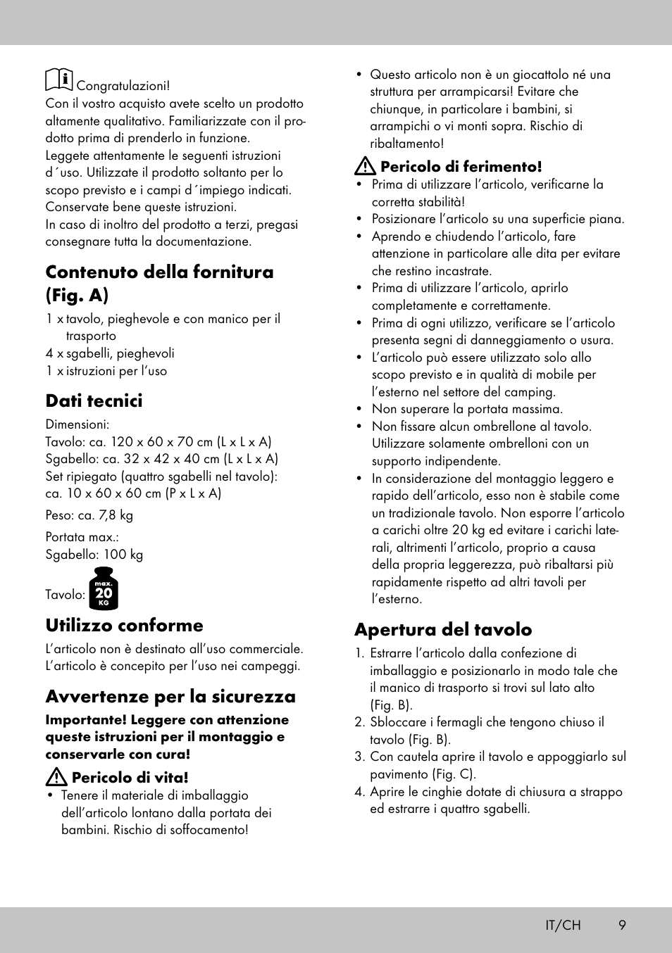 Contenuto della fornitura (fig. a), Dati tecnici, Utilizzo conforme | Avvertenze per la sicurezza, Apertura del tavolo | Crivit KS-1845 User Manual | Page 7 / 10