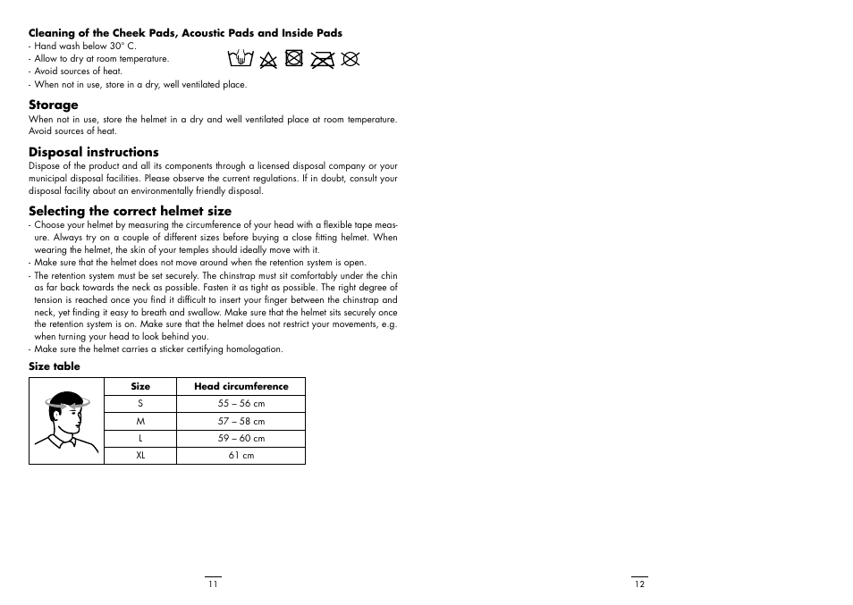 Storage, Disposal instructions, Selecting the correct helmet size | Crivit V210 User Manual | Page 6 / 6