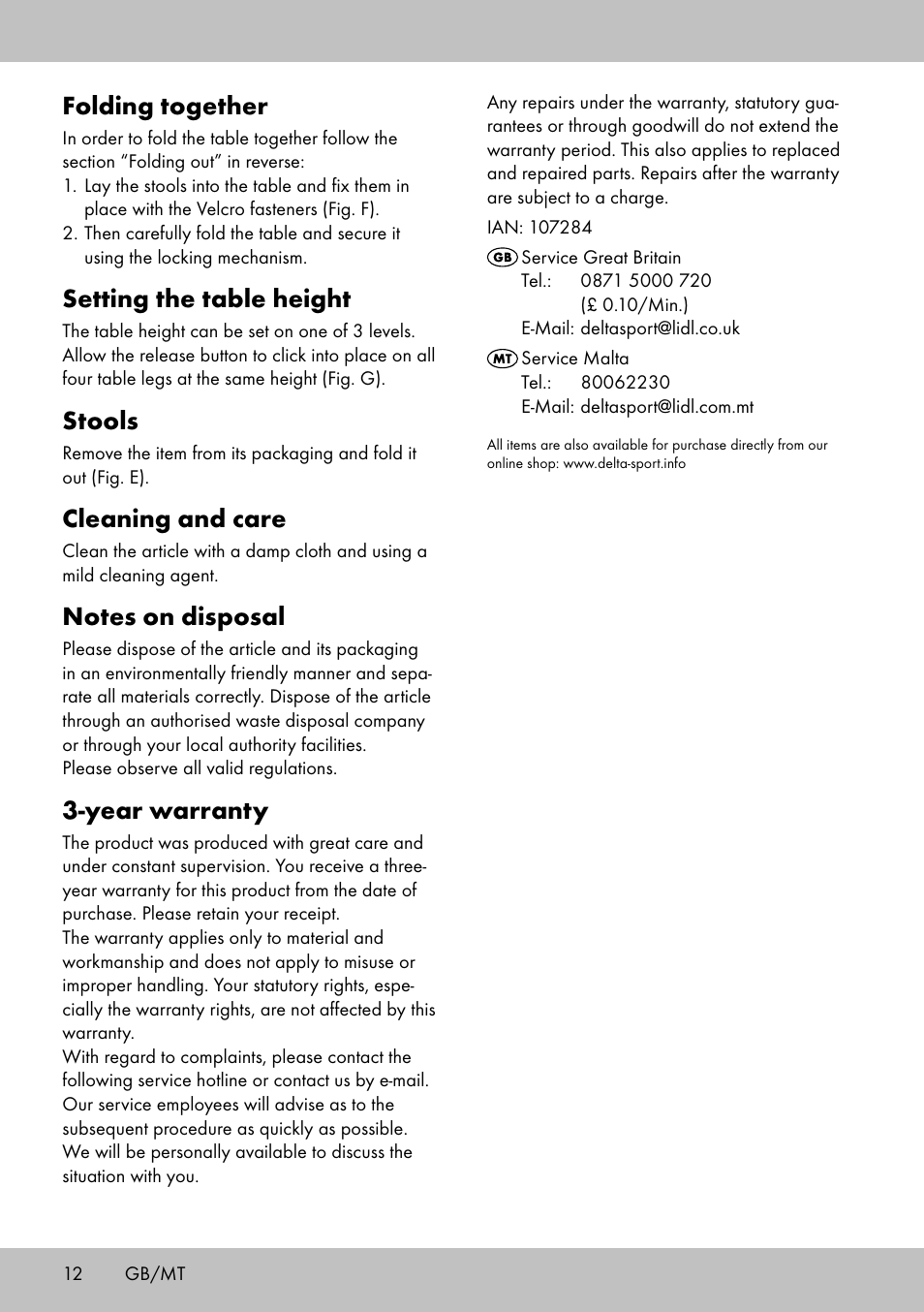 Folding together, Setting the table height, Stools | Cleaning and care, Year warranty | Crivit KS-1845 User Manual | Page 10 / 14