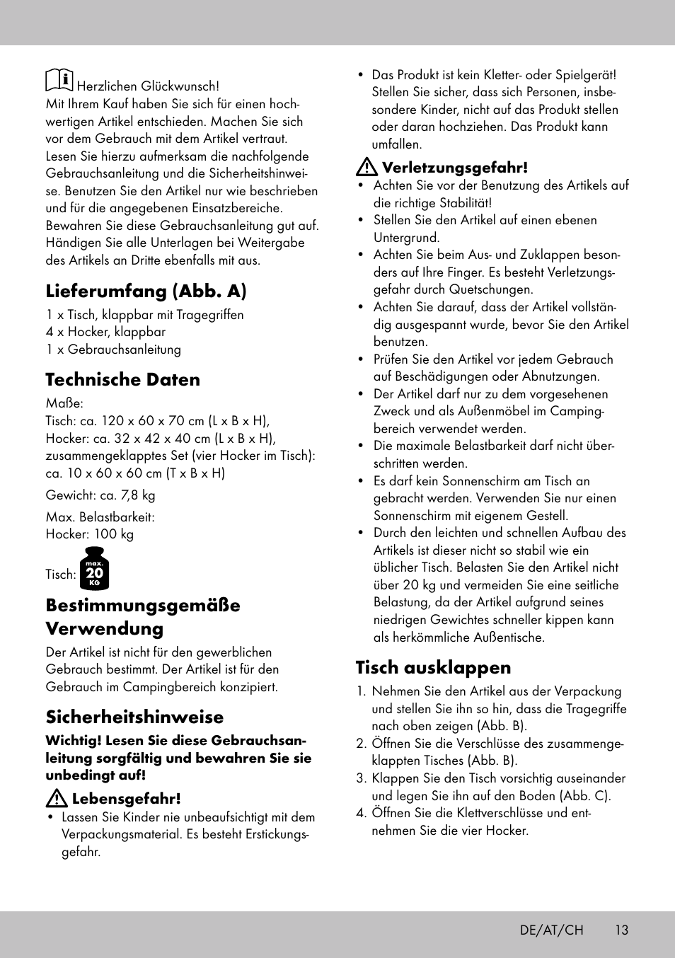 Lieferumfang (abb. a), Technische daten, Bestimmungsgemäße verwendung | Sicherheitshinweise, Tisch ausklappen | Crivit KS-1845 User Manual | Page 11 / 14