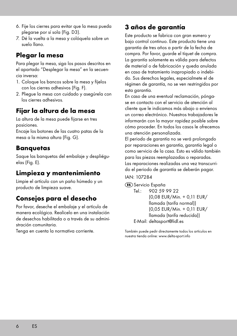 3 años de garantía, Plegar la mesa, Fijar la altura de la mesa | Banquetas, Limpieza y mantenimiento, Consejos para el desecho | Crivit KS-1845 User Manual | Page 4 / 14