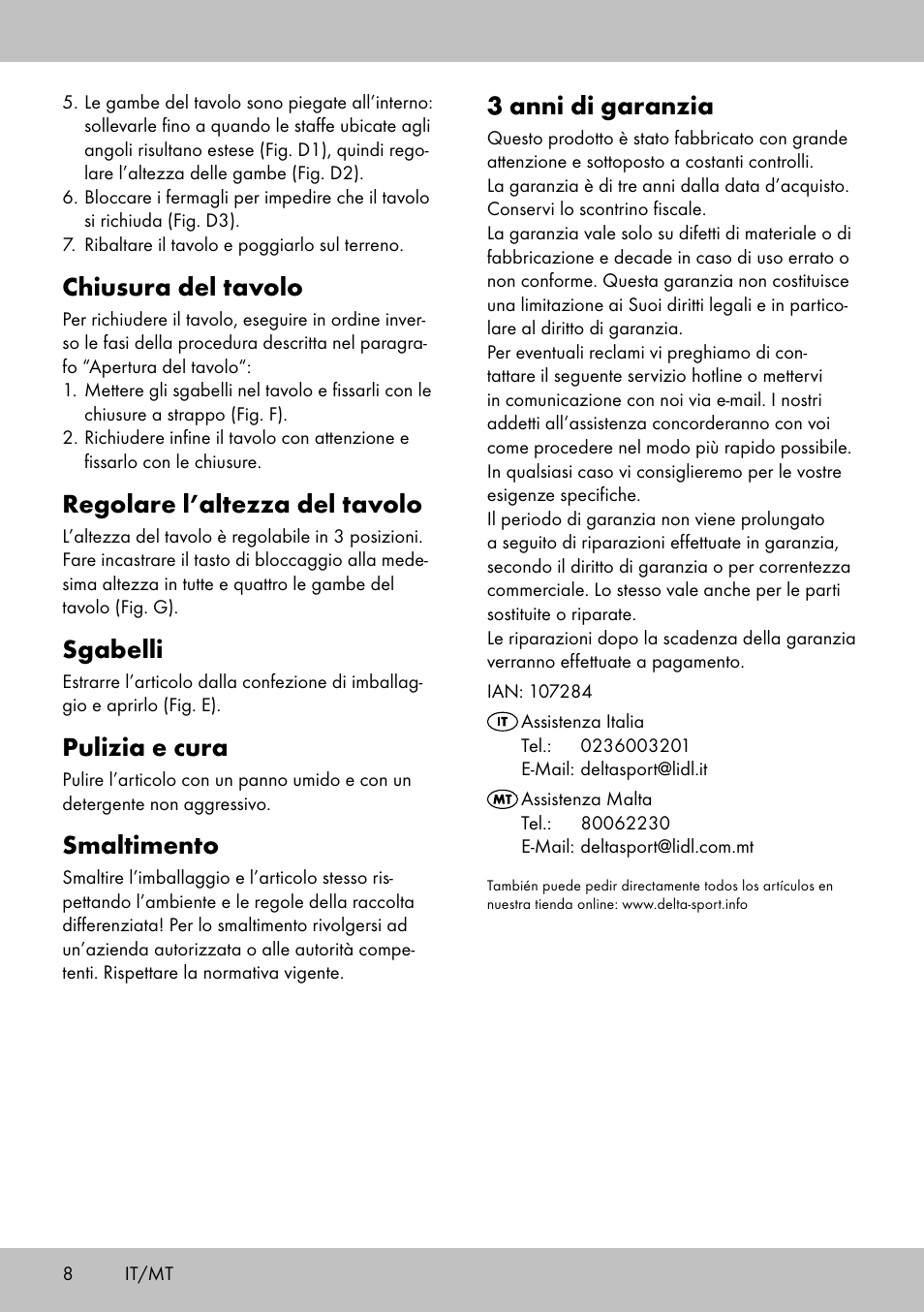 3 anni di garanzia, Chiusura del tavolo, Regolare l’altezza del tavolo | Sgabelli, Pulizia e cura, Smaltimento | Crivit KS-1845 User Manual | Page 6 / 14