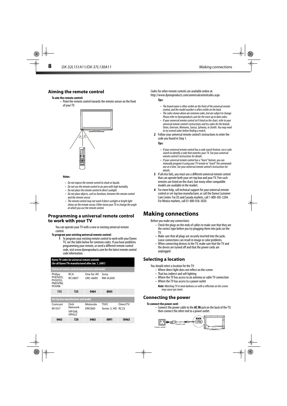 Aiming the remote control, Making connections, Selecting a location | Connecting the power, Selecting a location connecting the power | Dynex DX-32L151A11 User Manual | Page 12 / 37