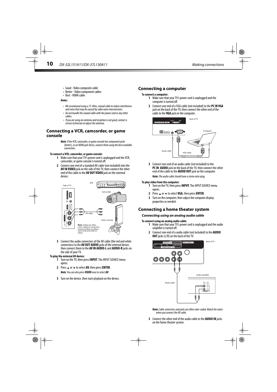 Connecting a vcr, camcorder, or game console, Connecting a computer, Connecting a home theater system | Connecting using an analog audio cable, E “connecting a home theater system“ on pag | Dynex DX-32L151A11 User Manual | Page 14 / 37