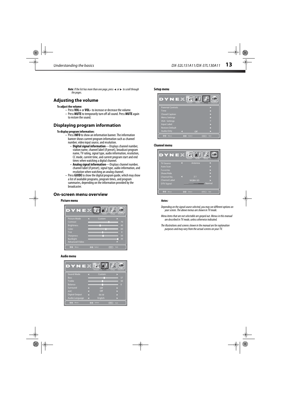 Adjusting the volume, Displaying program information, On-screen menu overview | E “displaying program information” on, Understanding the basics, Picture menu audio menu setup menu channel menu | Dynex DX-32L151A11 User Manual | Page 17 / 37
