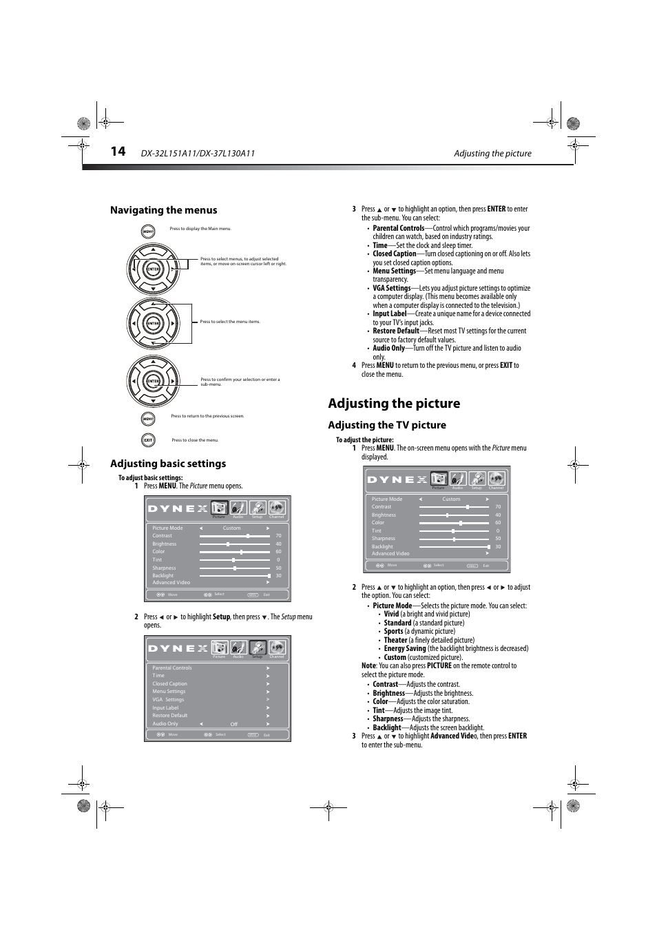 Navigating the menus, Adjusting basic settings, Adjusting the picture | Adjusting the tv picture, Navigating the menus adjusting basic settings, Ge 14 | Dynex DX-32L151A11 User Manual | Page 18 / 37