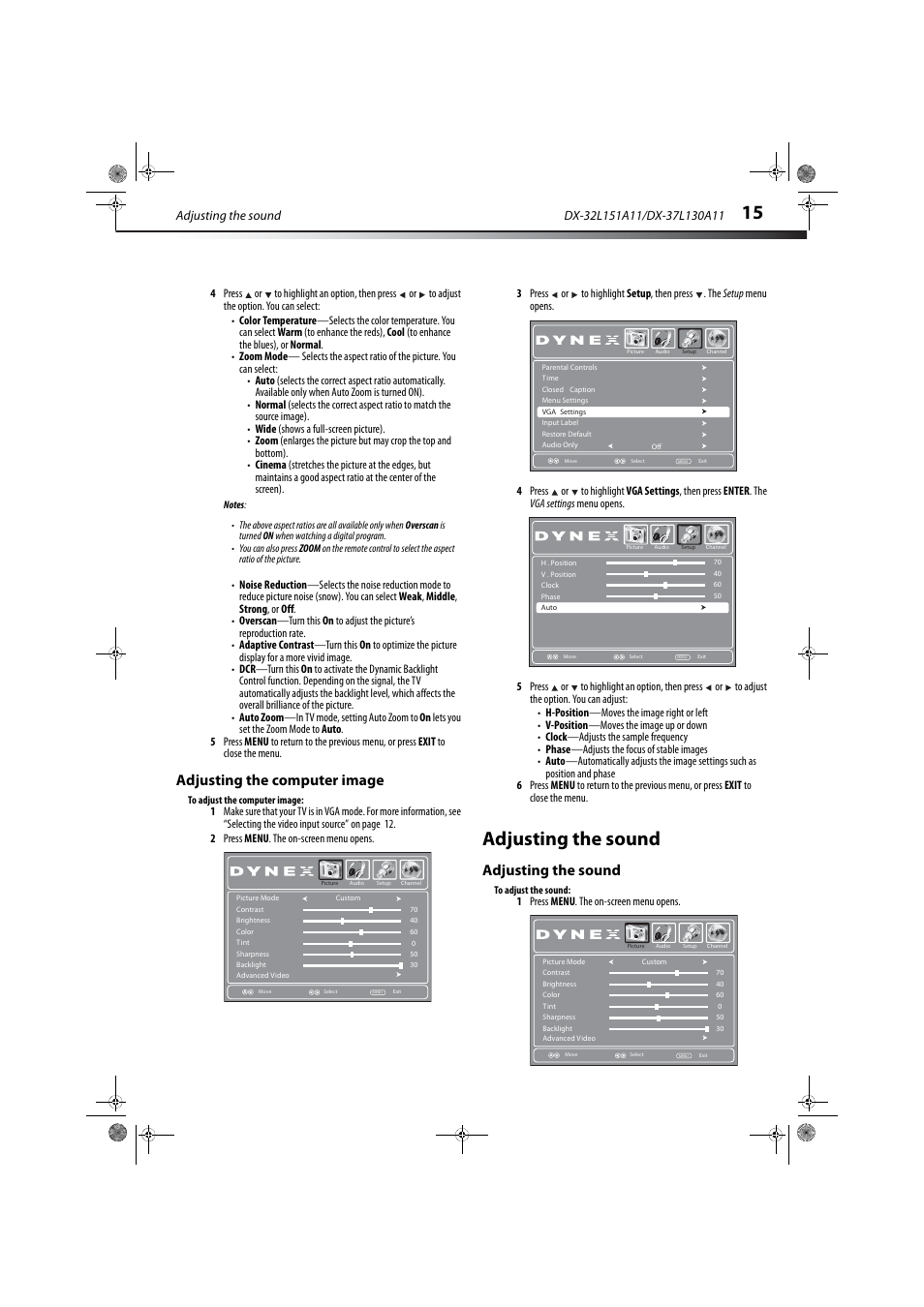 Adjusting the computer image, Adjusting the sound, 1 press menu . the on-screen menu opens | Dynex DX-32L151A11 User Manual | Page 19 / 37