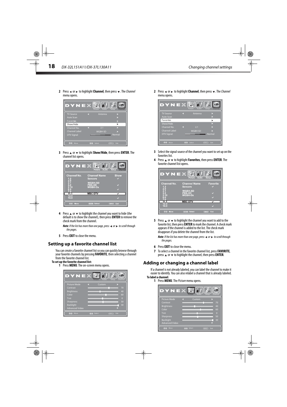 Setting up a favorite channel list, Adding or changing a channel label, 5 press exit to close the menu | 1 press menu . the picture menu opens | Dynex DX-32L151A11 User Manual | Page 22 / 37