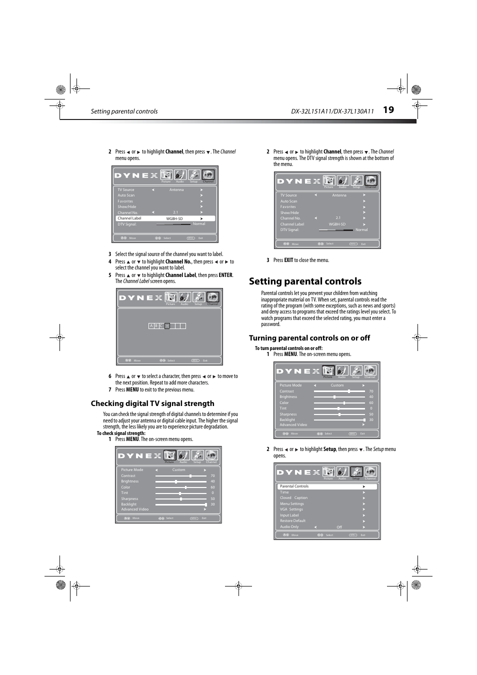 Checking digital tv signal strength, Setting parental controls, Turning parental controls on or off | Dynex DX-32L151A11 User Manual | Page 23 / 37