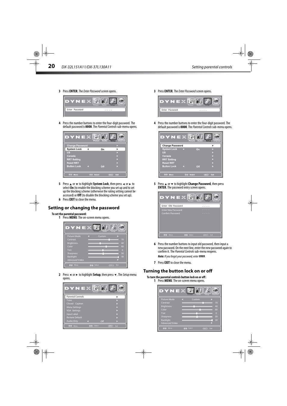 Setting or changing the password, Turning the button lock on or off, 7 press exit to close the menu | 1 press menu . the on-screen menu opens | Dynex DX-32L151A11 User Manual | Page 24 / 37