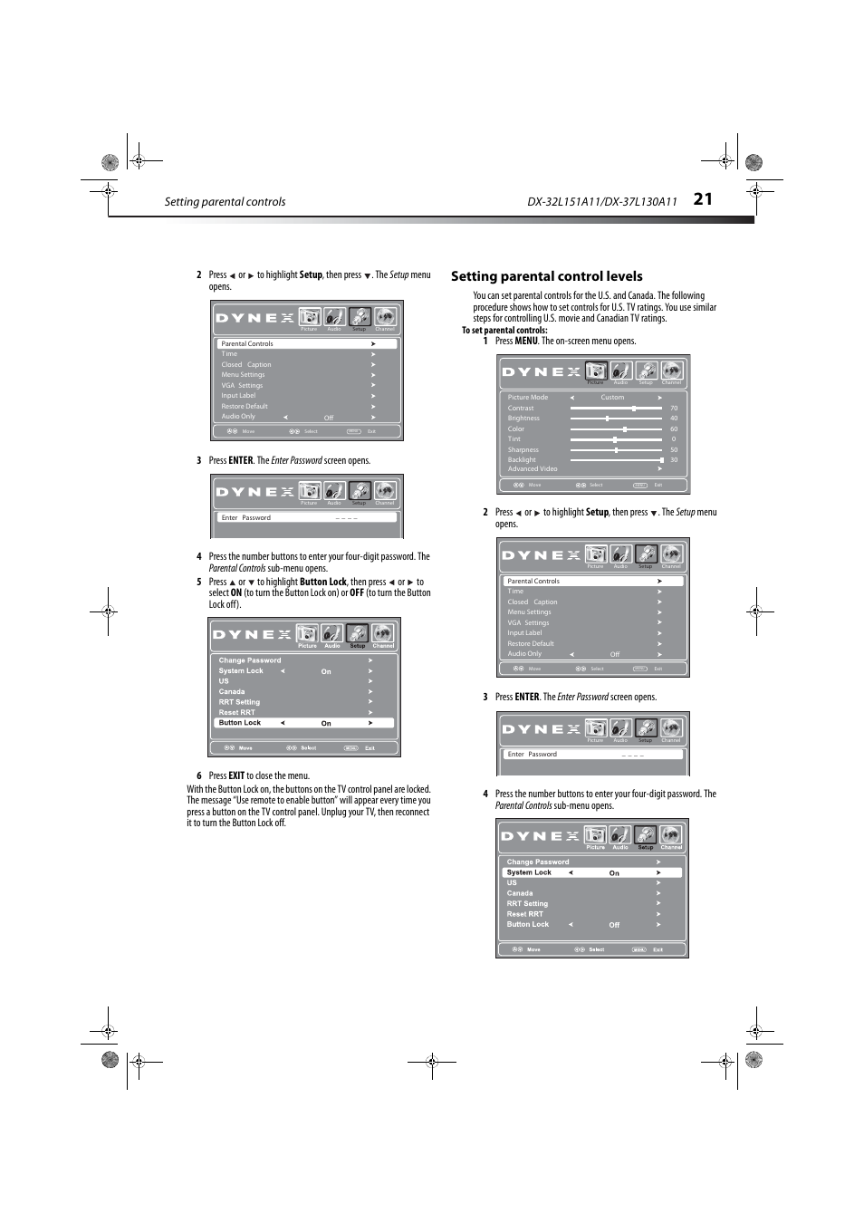 Setting parental control levels, Setting parental controls | Dynex DX-32L151A11 User Manual | Page 25 / 37