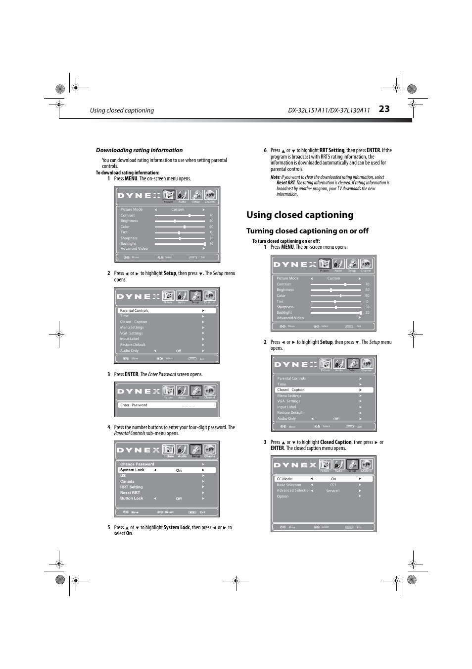 Downloading rating information, Using closed captioning, Turning closed captioning on or off | E “turning closed captioning on or off | Dynex DX-32L151A11 User Manual | Page 27 / 37