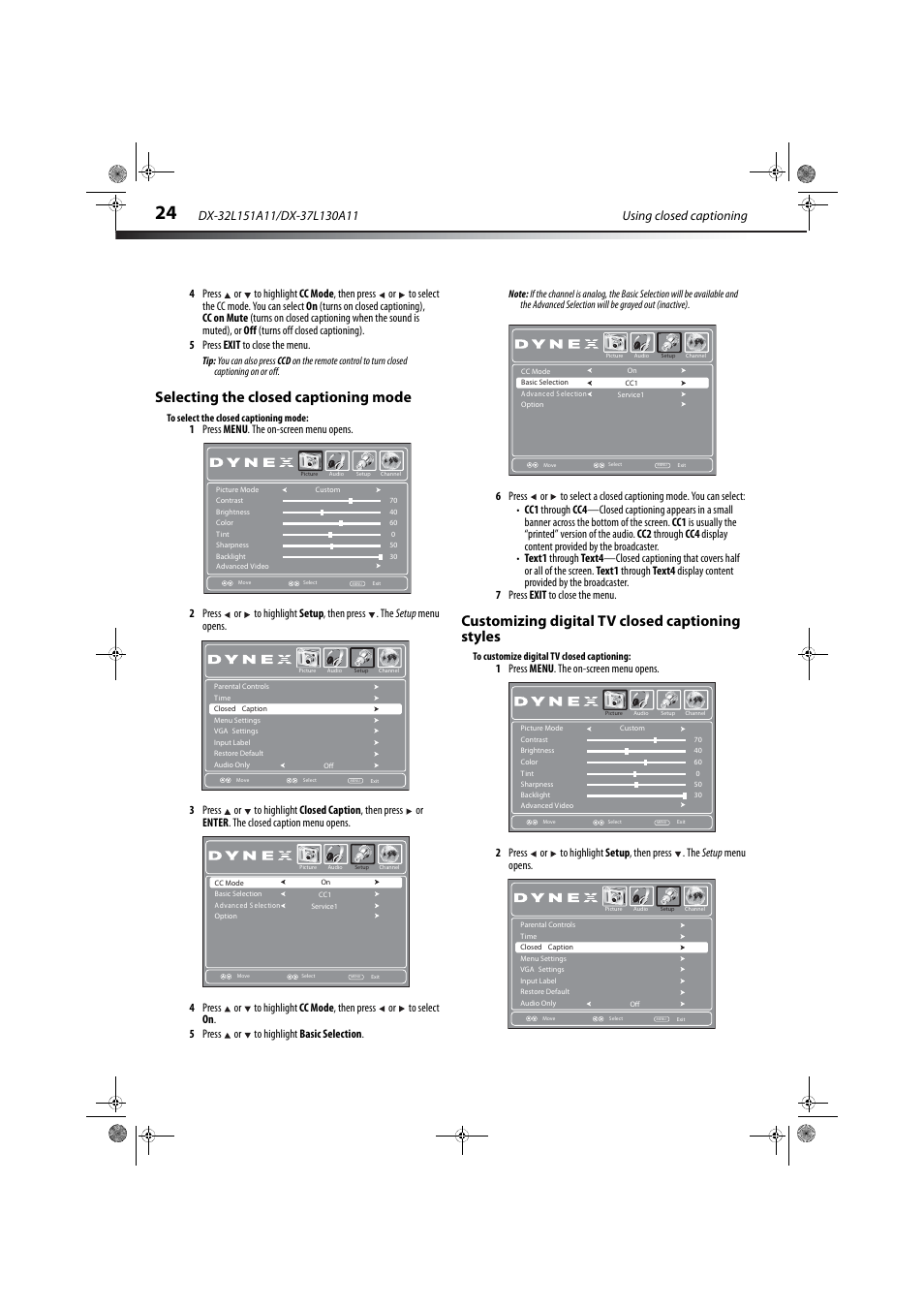 Selecting the closed captioning mode, Customizing digital tv closed captioning styles | Dynex DX-32L151A11 User Manual | Page 28 / 37