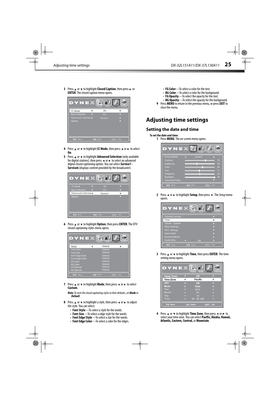 Adjusting time settings, Setting the date and time | Dynex DX-32L151A11 User Manual | Page 29 / 37