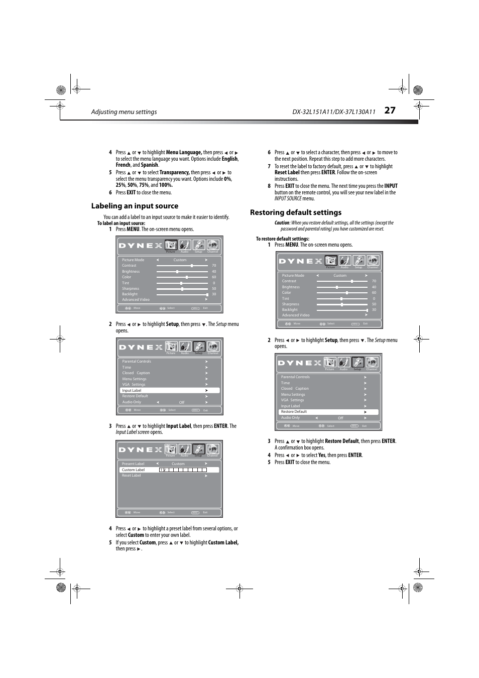 Labeling an input source, Restoring default settings, Adjusting menu settings | Dynex DX-32L151A11 User Manual | Page 31 / 37