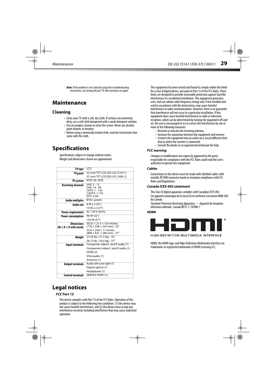 Maintenance, Cleaning, Specifications | Legal notices, Fcc part 15, Fcc warning, Cables, Canada ices-003 statement, Hdmi | Dynex DX-32L151A11 User Manual | Page 33 / 37