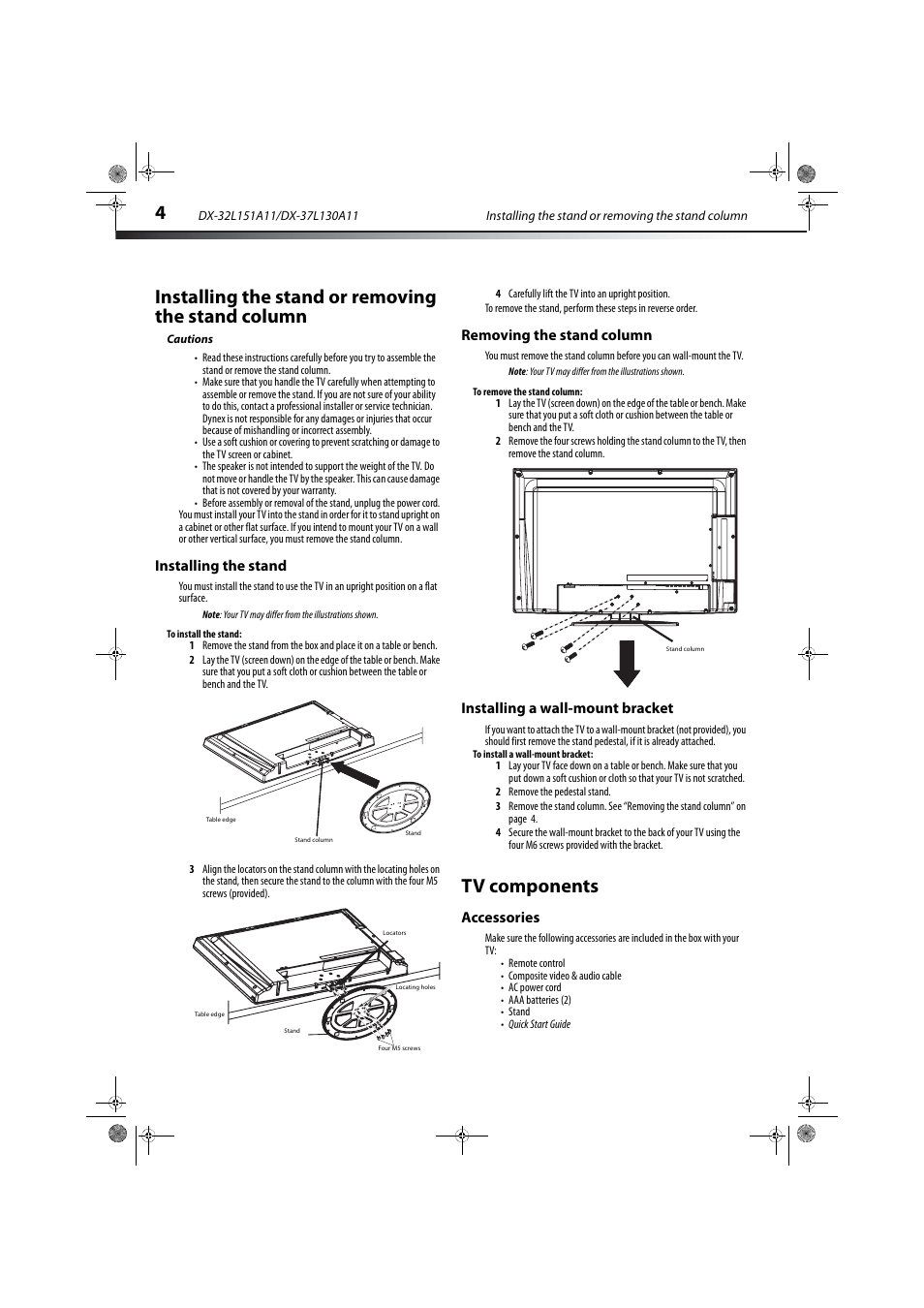 Installing the stand or removing the stand column, Cautions, Installing the stand | Removing the stand column, Installing a wall-mount bracket, Tv components, Accessories | Dynex DX-32L151A11 User Manual | Page 8 / 37