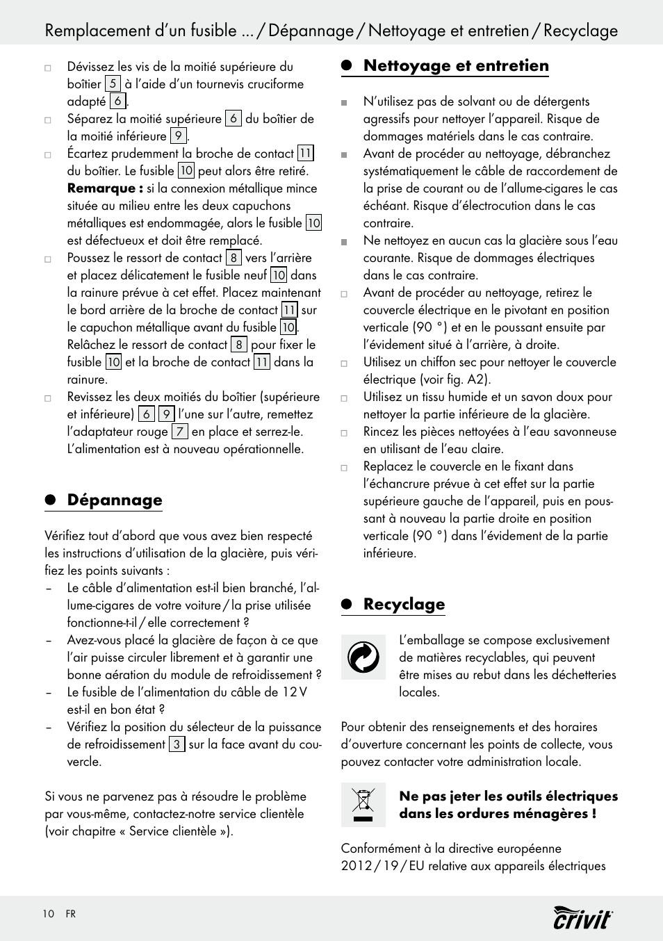 Dépannage, Nettoyage et entretien, Recyclage | Crivit REK 230 D2 User Manual | Page 10 / 29