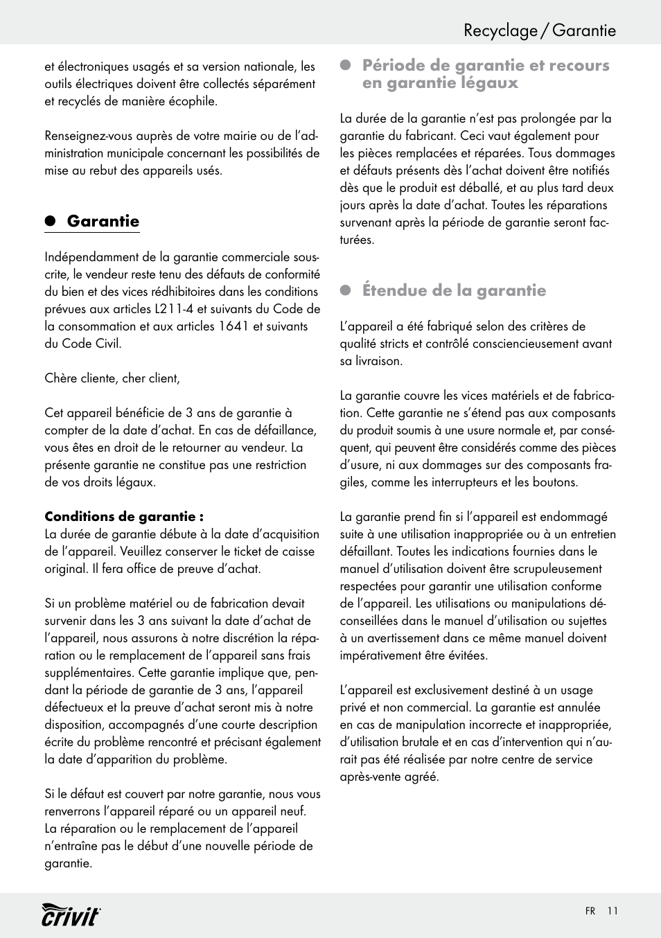 Recyclage / garantie, Garantie, Période de garantie et recours en garantie légaux | Étendue de la garantie | Crivit REK 230 D2 User Manual | Page 11 / 29