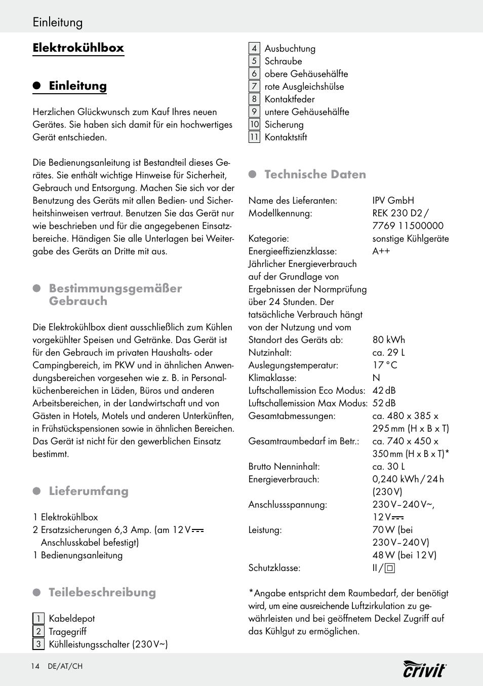 Einleitung, Elektrokühlbox, Bestimmungsgemäßer gebrauch | Lieferumfang, Teilebeschreibung, Technische daten | Crivit REK 230 D2 User Manual | Page 14 / 29