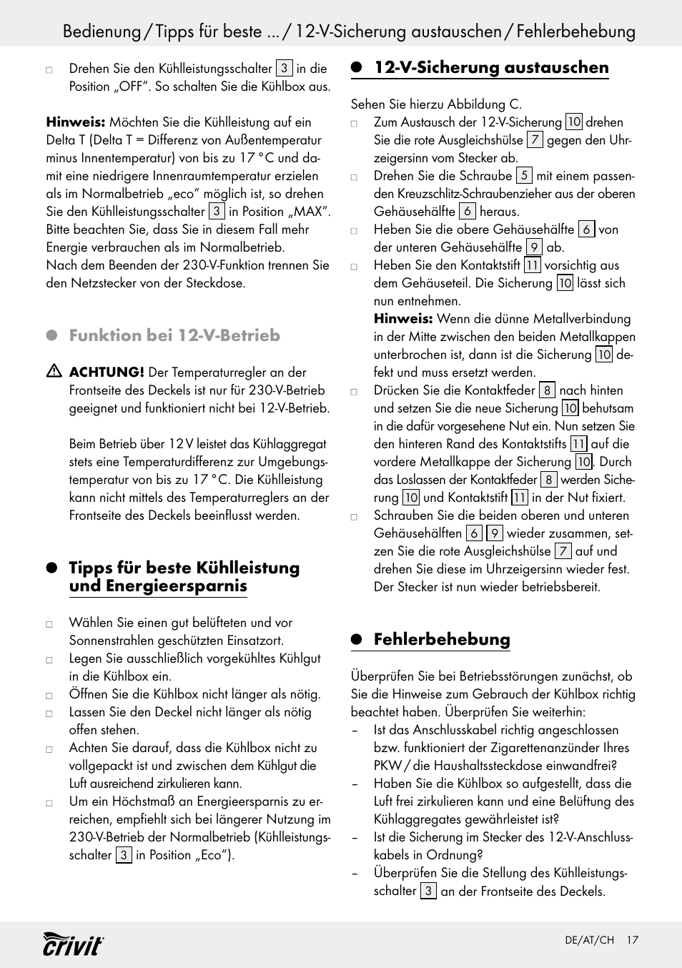 Funktion bei 12-v-betrieb, Tipps für beste kühlleistung und energieersparnis, V-sicherung austauschen | Fehlerbehebung | Crivit REK 230 D2 User Manual | Page 17 / 29